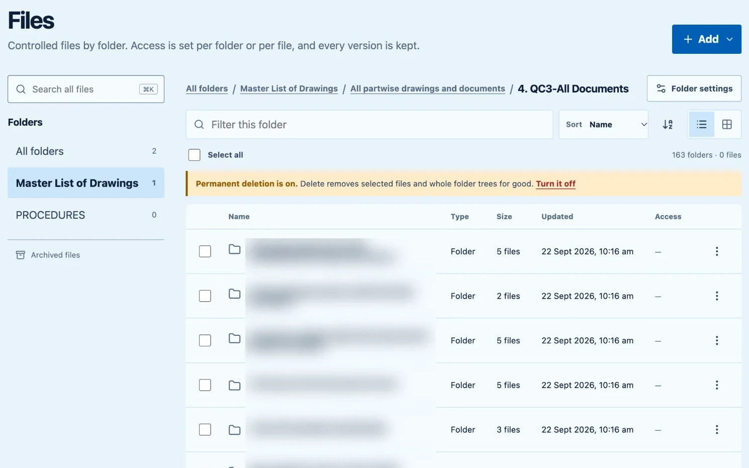 The document control screen: controlled folders with file counts, versions, and access, with folder names blurred