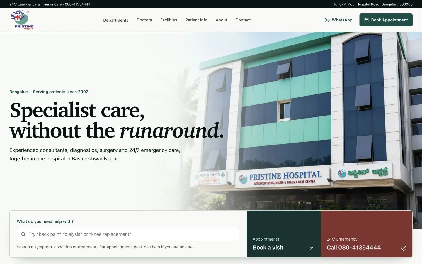 Pristine Hospital, healthcare website by Questili